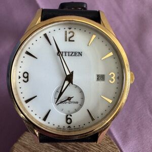 Citizen Gold-Tone Case White Dial Men's Watch with Black Leather Strap